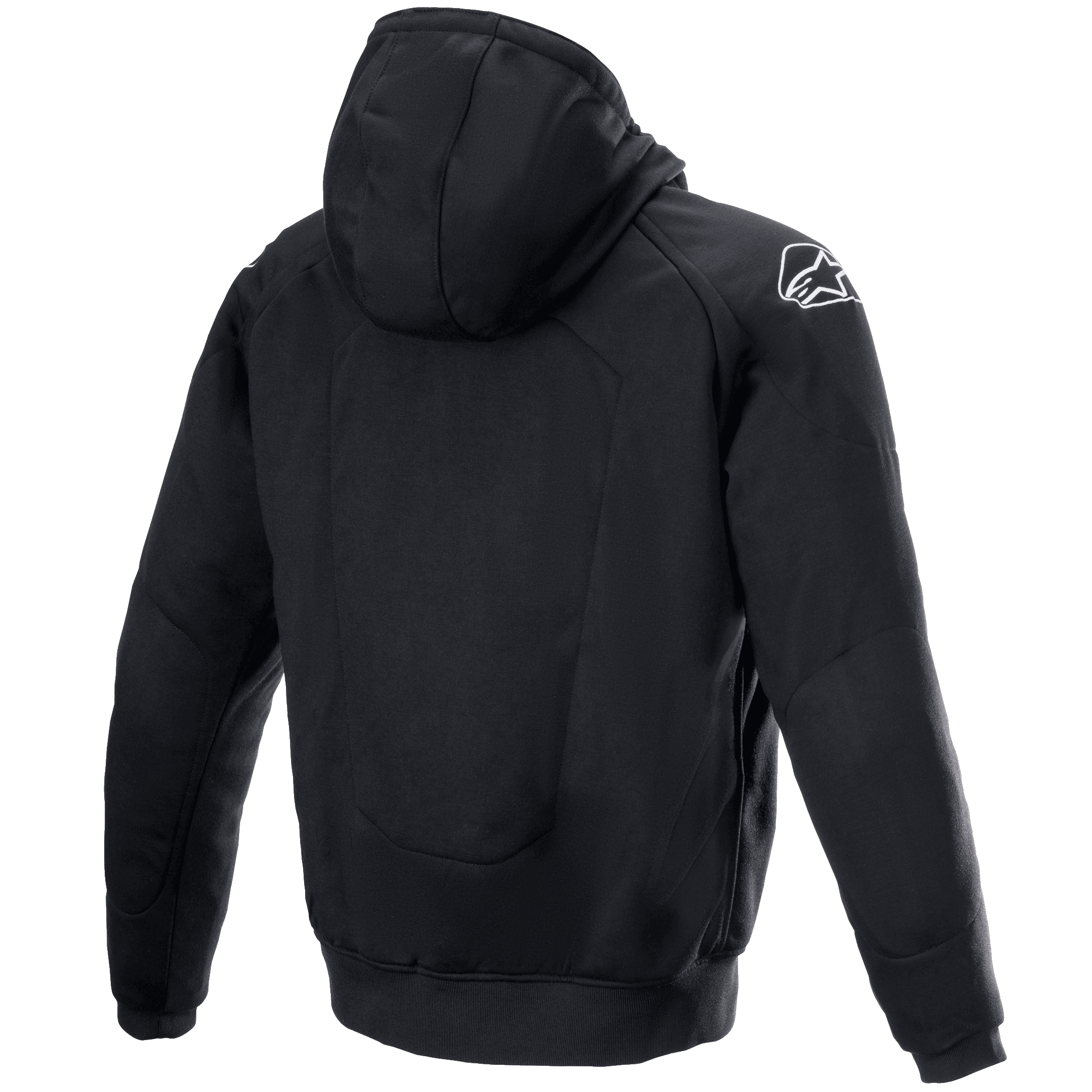Alpinestars Chrome Ignition Hoodie, Rückansicht, schwarzer Textil-Motorrad-Hoodie, weißes Alpinestars-Logo auf der rechten Schulter, lässige urbane Schutzausrüstung mit verstärkten Rücken- und Ellbogenpartien