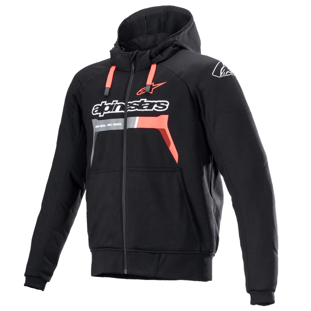 Alpinestars Chrome Ignition Hoodie, Schwarz und Rot Fluo, schützender Motorrad-Hoodie mit Reißverschluss, weißes Branding auf der Brust, rote Kordelzüge und gerippte Bündchen, urbane Motorradbekleidung