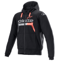 Alpinestars Chrome Ignition Hoodie, Schwarz und Rot Fluo, schützender Motorrad-Hoodie mit Reißverschluss, weißes Branding auf der Brust, rote Kordelzüge und gerippte Bündchen, urbane Motorradbekleidung