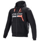 Alpinestars Chrome Ignition Hoodie, Schwarz und Rot Fluo, schützender Motorrad-Hoodie mit Reißverschluss, weißes Branding auf der Brust, rote Kordelzüge und gerippte Bündchen, urbane Motorradbekleidung