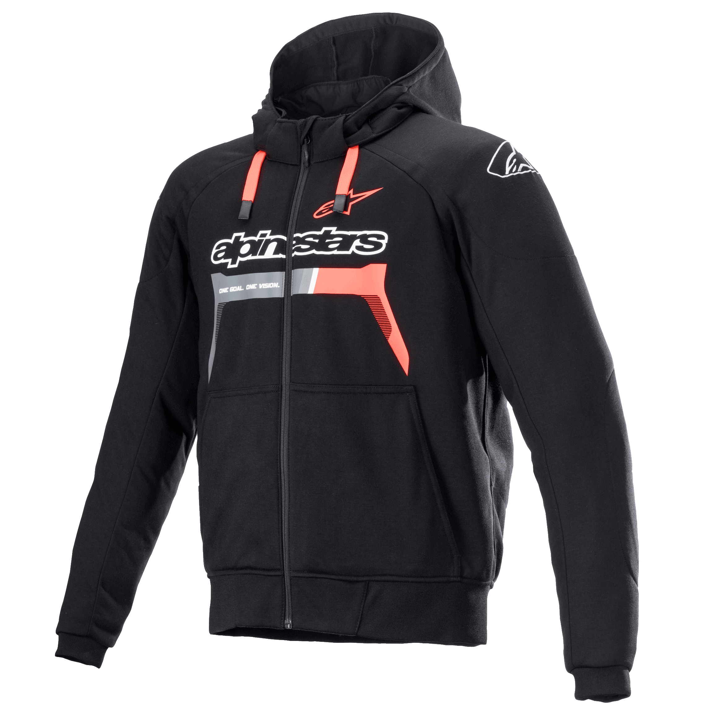 Alpinestars Chrome Ignition Hoodie, Schwarz und Rot Fluo, schützender Motorrad-Hoodie mit Reißverschluss, weißes Branding auf der Brust, rote Kordelzüge und gerippte Bündchen, urbane Motorradbekleidung