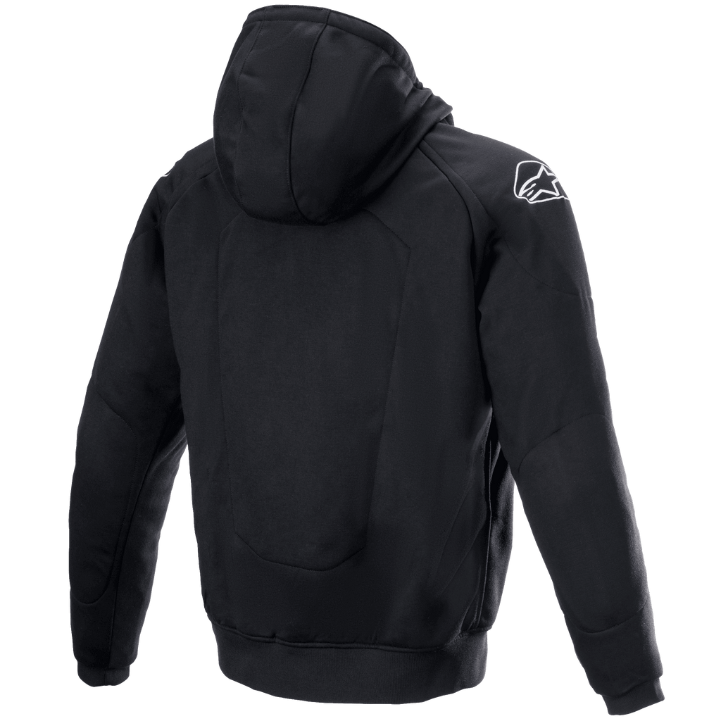 Alpinestars Chrome Ignition Hoodie, motorhoodie, zwart, achteraanzicht met een wit Alpinestars-logo op de rechterschouder, casual urban design met geribbelde manchetten en zoom, beschermende textielkleding voor ritten in de stad
