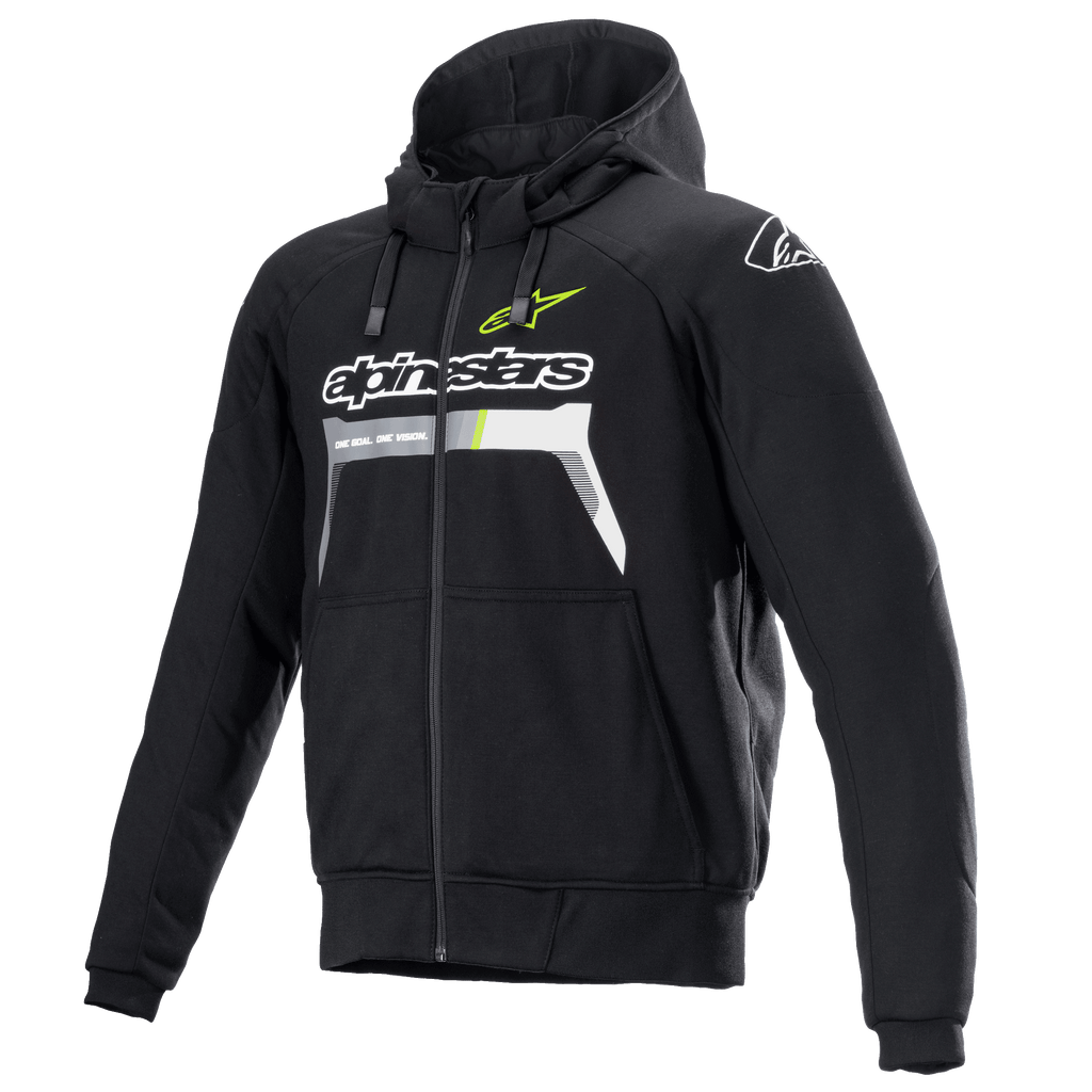 Alpinestars Chrome Ignition hoodie, zwarte motorhoodie met rits, witte en fluogeel logo's, ritssluiting aan de voorzijde, verstelbare capuchon, twee voorzakken, stedelijke motoruitrusting