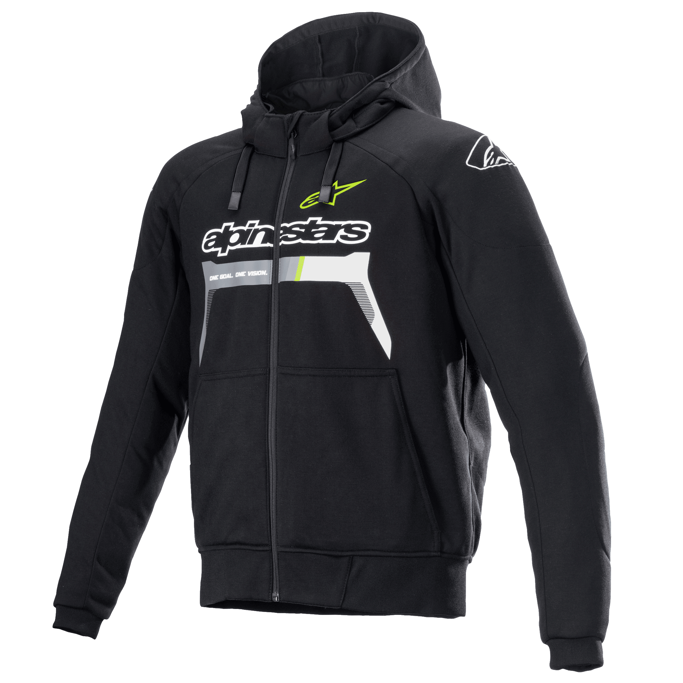 Alpinestars Chrome Ignition hoodie, zwarte motorhoodie met rits, witte en fluogeel logo's, ritssluiting aan de voorzijde, verstelbare capuchon, twee voorzakken, stedelijke motoruitrusting