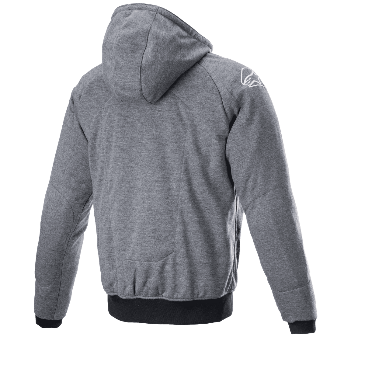 Alpinestars Chrome Ignition Hoodie, Melange Dunkelgrau, Rückansicht mit Kapuze und strukturiertem Gewebe, weißes Logo auf der rechten Schulter, schwarze Rippbündchen an Ärmeln und Saum, lässige urbane Motorradbekleidung.