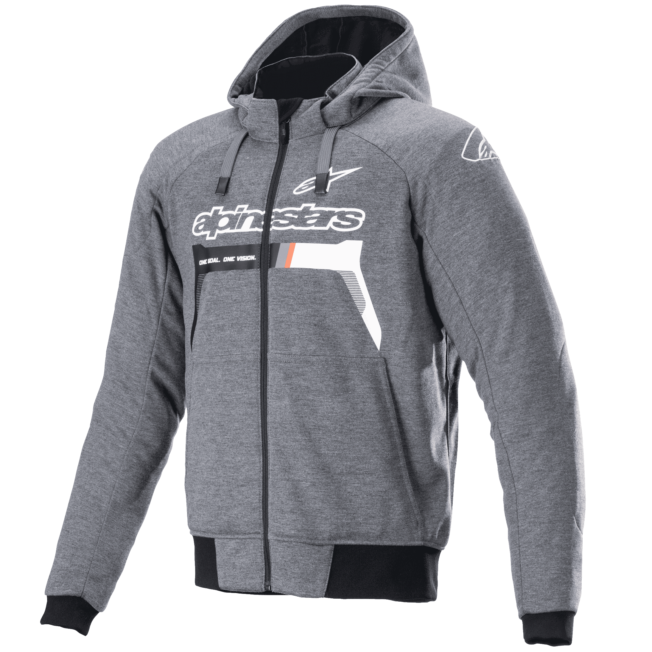 Alpinestars Chrome Ignition Hoodie, Melange Dark Gray White, Zip-Up Motorcycle Hoodie, White Alpinestars logo and text on chest with orange details, black ribbed cuffs and waistband, casual urban riding gear