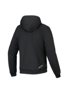 Alpinestars Honda Chrome V3 Sport Hoodie, zwart, achteraanzicht van een motorhoodie, tech fleece constructie, voorzien van een capuchon met drukknoopverbinding, geribbelde manchetten en zoom, en een klein wit Alpinestars-logo op de onderrug