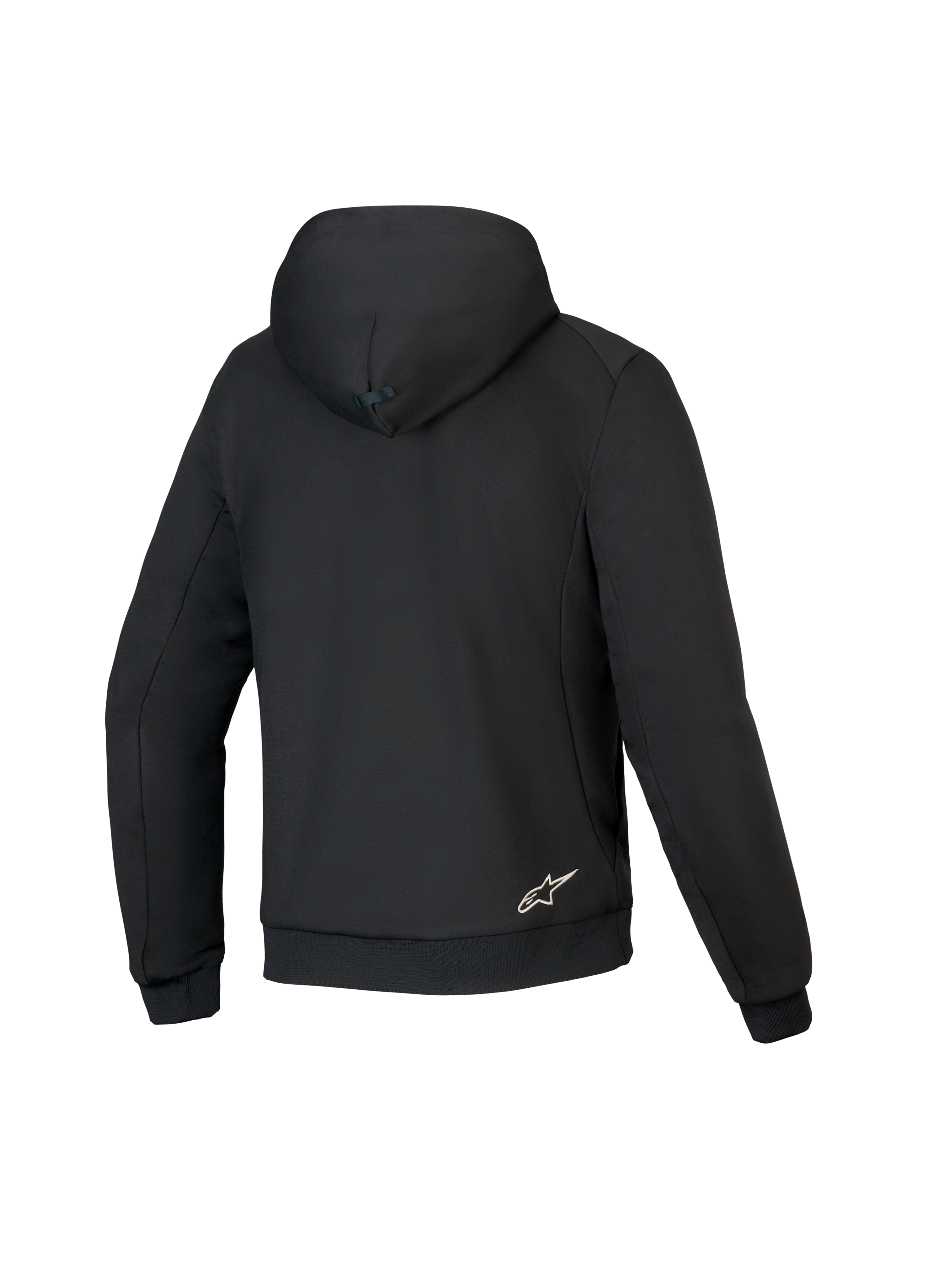 Alpinestars Honda Chrome V3 Sport Hoodie, zwart, achteraanzicht van een motorhoodie, tech fleece constructie, voorzien van een capuchon met drukknoopverbinding, geribbelde manchetten en zoom, en een klein wit Alpinestars-logo op de onderrug