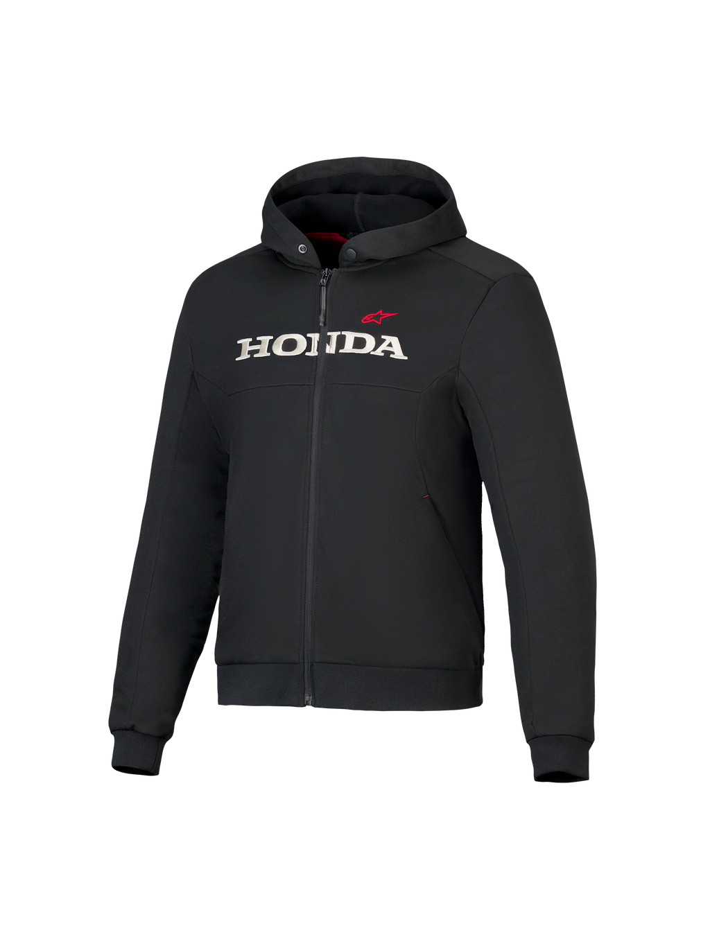 Honda Chrome V3 Sport Hoodie, zwarte jas met capuchon en ritssluiting aan de voorkant, wit HONDA-logo en rode Alpinestars-ster op de borst, lange mouwen met geribbelde manchetten, rode voering van de capuchon, urban motorkleding