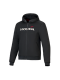 Honda Chrome V3 Sport Hoodie, zwarte jas met capuchon en ritssluiting aan de voorkant, wit HONDA-logo en rode Alpinestars-ster op de borst, lange mouwen met geribbelde manchetten, rode voering van de capuchon, urban motorkleding