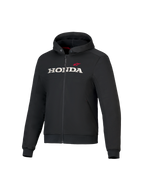 Honda Chrome V3 Sport Hoodie, zwarte jas met capuchon en ritssluiting aan de voorkant, wit HONDA-logo en rode Alpinestars-ster op de borst, lange mouwen met geribbelde manchetten, rode voering van de capuchon, urban motorkleding