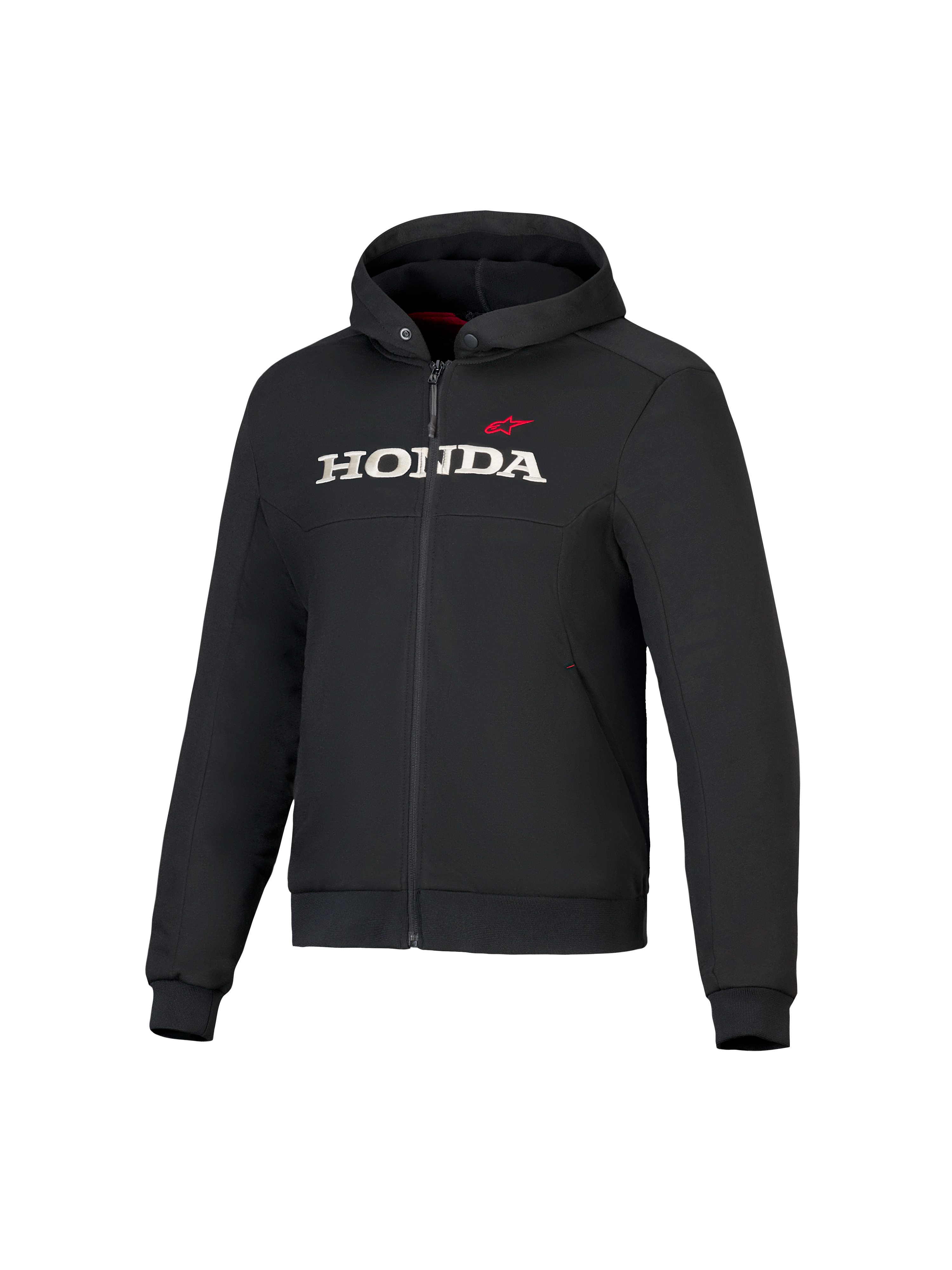 Honda Chrome V3 Sport Hoodie, zwarte jas met capuchon en ritssluiting aan de voorkant, wit HONDA-logo en rode Alpinestars-ster op de borst, lange mouwen met geribbelde manchetten, rode voering van de capuchon, urban motorkleding
