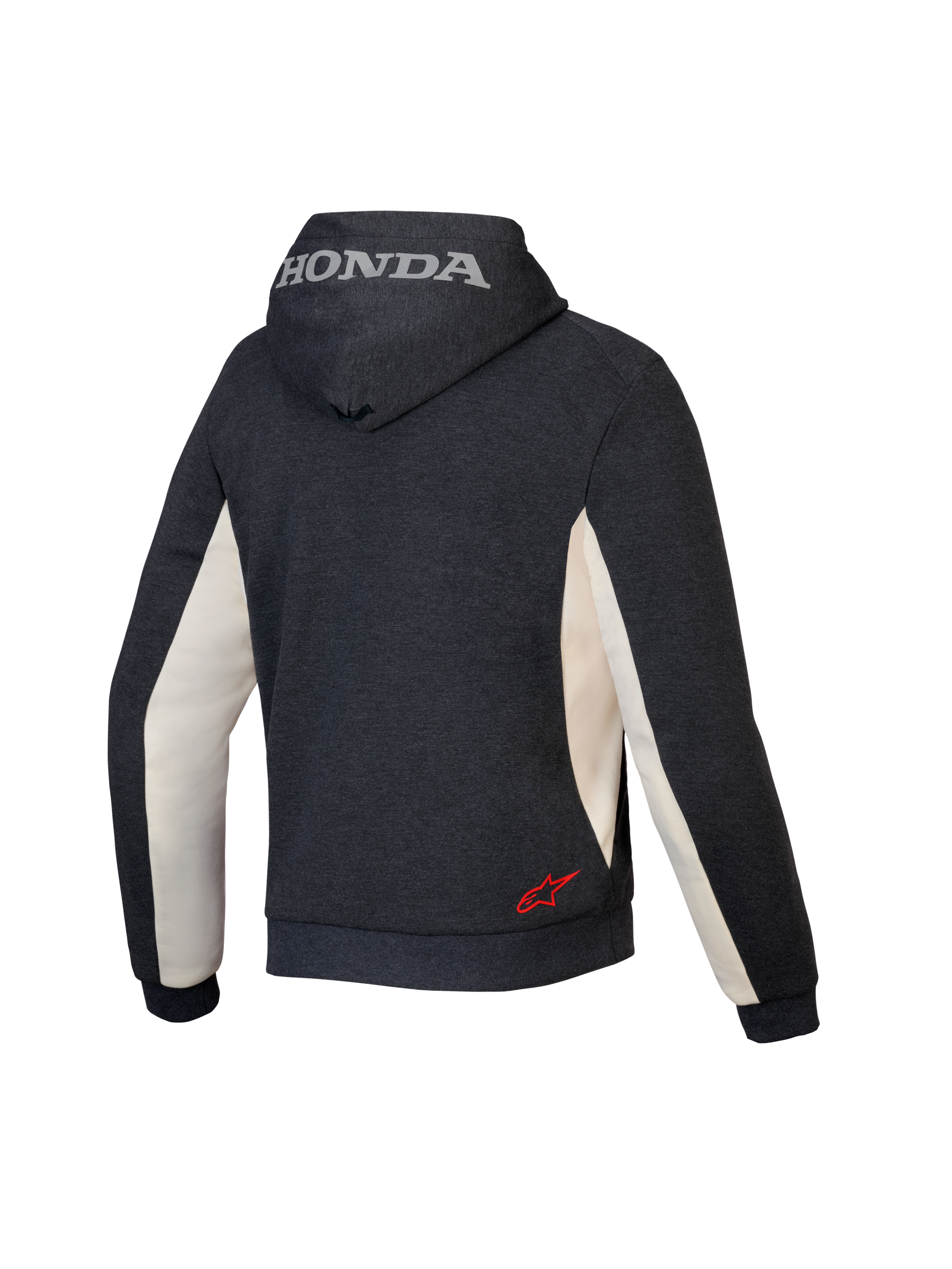 Alpinestars Honda Chrome V3 Sport Hoodie, urban motorhoodie, Anthracite Melange en Off White, achteraanzicht met zilveren Honda-logo op de capuchon en rood Alpinestars-sterlogo op de onderrug, tech fleece constructie