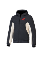 Alpinestars Honda Chrome V3 Sport Hoodie, antraciet melange en off-white, rood Honda Wing-logo op de borst, tech fleece met volledige ritssluiting, capuchon met drukknoopsluiting en geribbelde manchetten, casual urban motorkleding