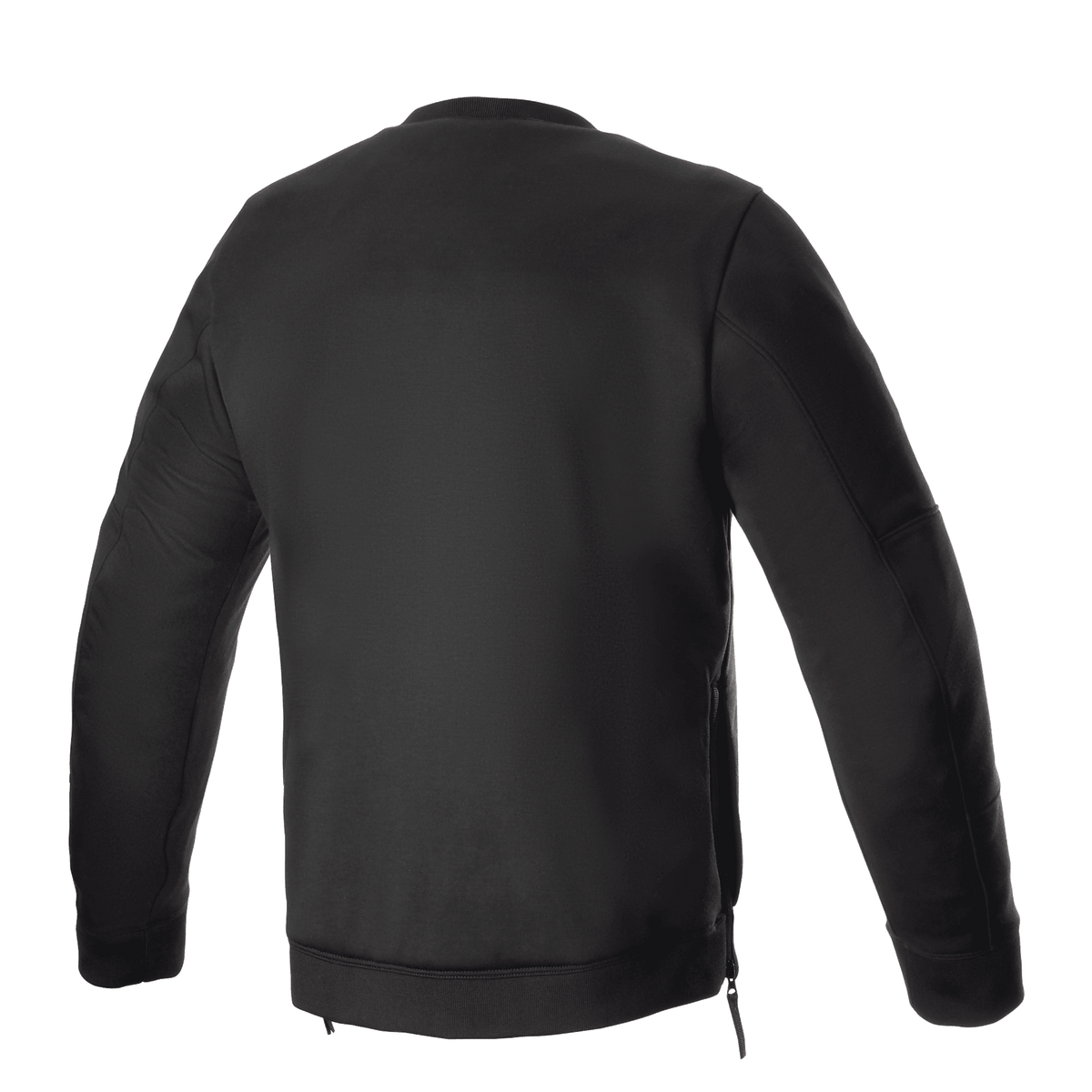 Alpinestars Legit Crew Fleece, zwart, achteraanzicht van een stedelijke motorrijtrui, ronde hals met geribbelde boorden en zoom, zijritsen voor gemakkelijke toegang, casual beschermende motorkleding