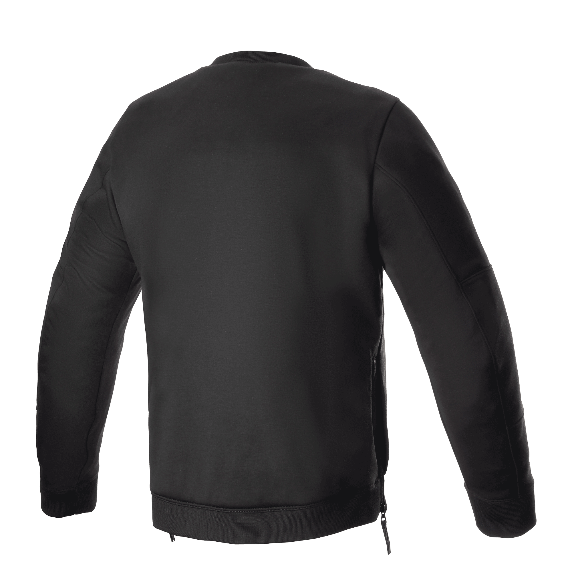 Alpinestars Legit Crew Fleece, zwart, achteraanzicht van een stedelijke motorrijtrui, ronde hals met geribbelde boorden en zoom, zijritsen voor gemakkelijke toegang, casual beschermende motorkleding