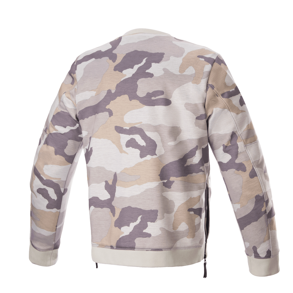 Alpinestars Legit Crew Fleece, Motorrad-Pullover, Light Gray Camo, Rückansicht, Camouflage-Muster in Grau- und Beigetönen, gerippter Kragen und Saum, seitliche Reißverschlüsse, lässige urbane Fahrausrüstung