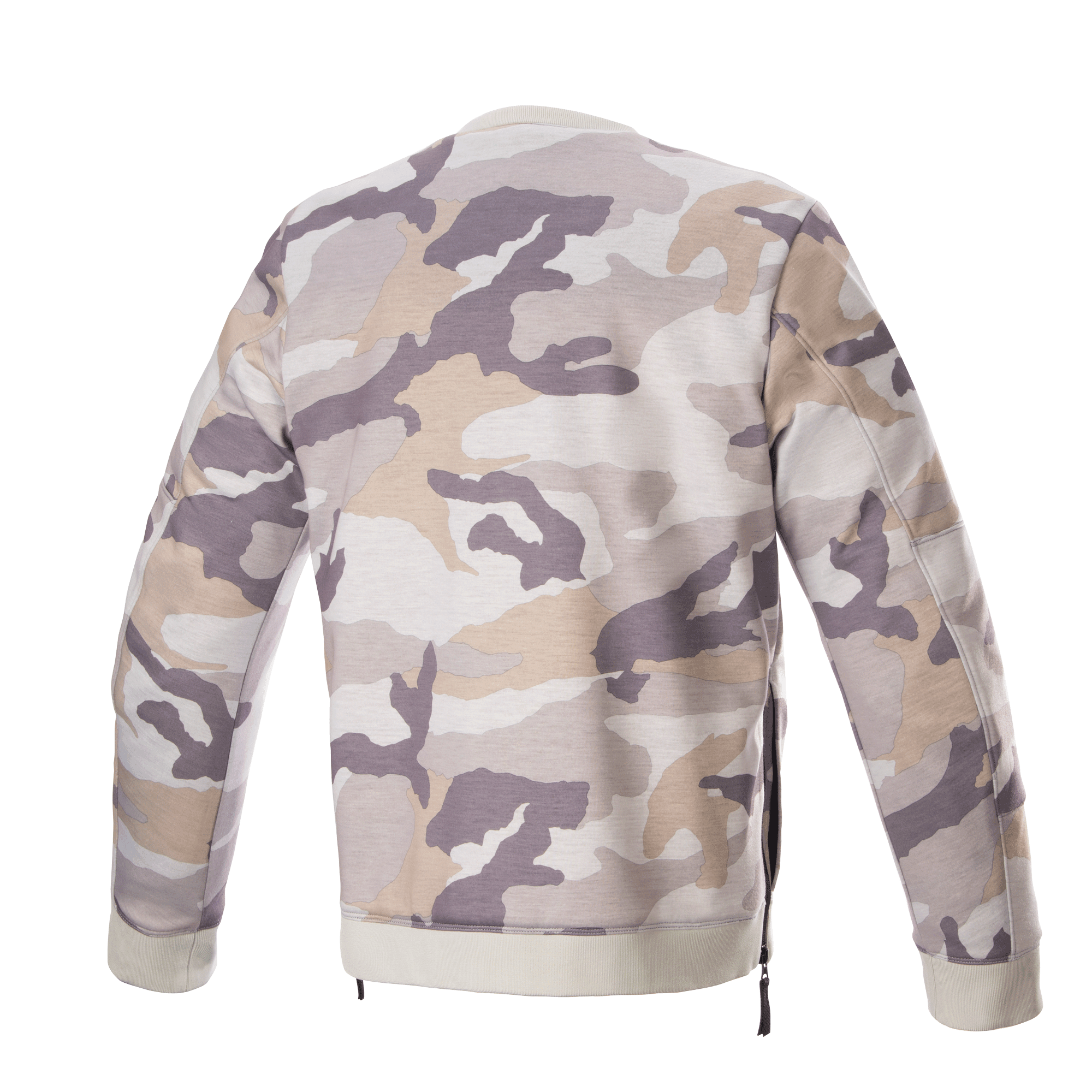 Alpinestars Legit Crew Fleece, Motorrad-Pullover, Light Gray Camo, Rückansicht, Camouflage-Muster in Grau- und Beigetönen, gerippter Kragen und Saum, seitliche Reißverschlüsse, lässige urbane Fahrausrüstung