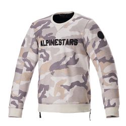 Alpinestars Legit Crew Fleece, motorcycle pullover, Light Gray Camo, bold black ALPINESTARS chest logo, black circular patch on sleeve, ribbed cuffs and hem, casual urban riding apparel