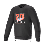 Alpinestars FQ20 Legit Crew Fleece, schwarzes Langarm-Motorrad-Sweatshirt, rote Teufelsnummer '20' und 'El Diablo' Grafik auf der Brust, blau-rotes Logo mit Farbverlauf, seitliche Reißverschlüsse und Rippstrickbündchen, urbane Casual-Fahrausrüstung