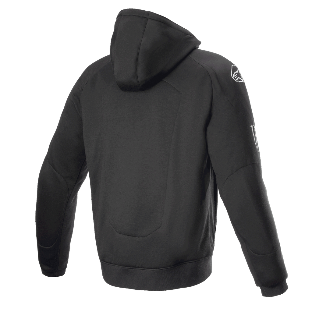Alpinestars FQ20 Chrome Ignition Monster Hoodie, schwarzer Motorrad-Hoodie, Rückansicht, weißes Alpinestars-Logo auf der Schulter, Monster Energy-Branding am Ärmel, lässiges urbanes Design mit schützender Textilkonstruktion
