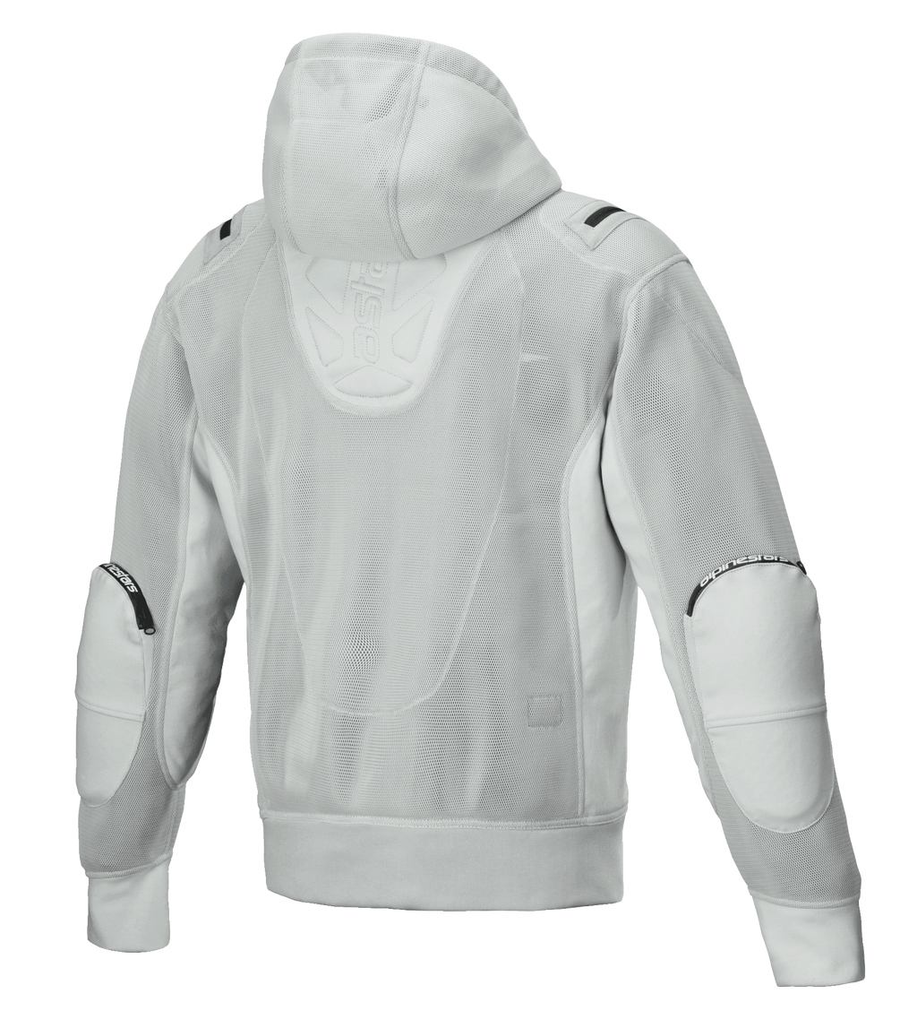 Alpinestars Moflow Air Tech Hoodie, herenmotorjas, grijs, achteraanzicht met volledige mesh-constructie van hoge dichtheid, mesh capuchon, versterkte elleboogpanelen en subtiele Alpinestars-branding, urban tech-wear design