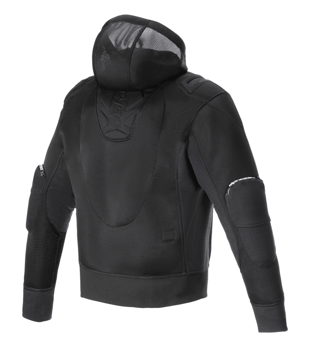 Alpinestars Moflow Air Tech Hoodie, veste de moto pour homme, noir, vue arrière avec construction intégrale en maille haute densité, capuche en maille intégrée et panneaux de coude protecteurs, conçu pour une ventilation maximale et un style urbain.
