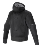 Alpinestars Moflow Air Tech Hoodie, veste de moto pour homme, noir, vue arrière avec construction intégrale en maille haute densité, capuche en maille intégrée et panneaux de coude protecteurs, conçu pour une ventilation maximale et un style urbain.