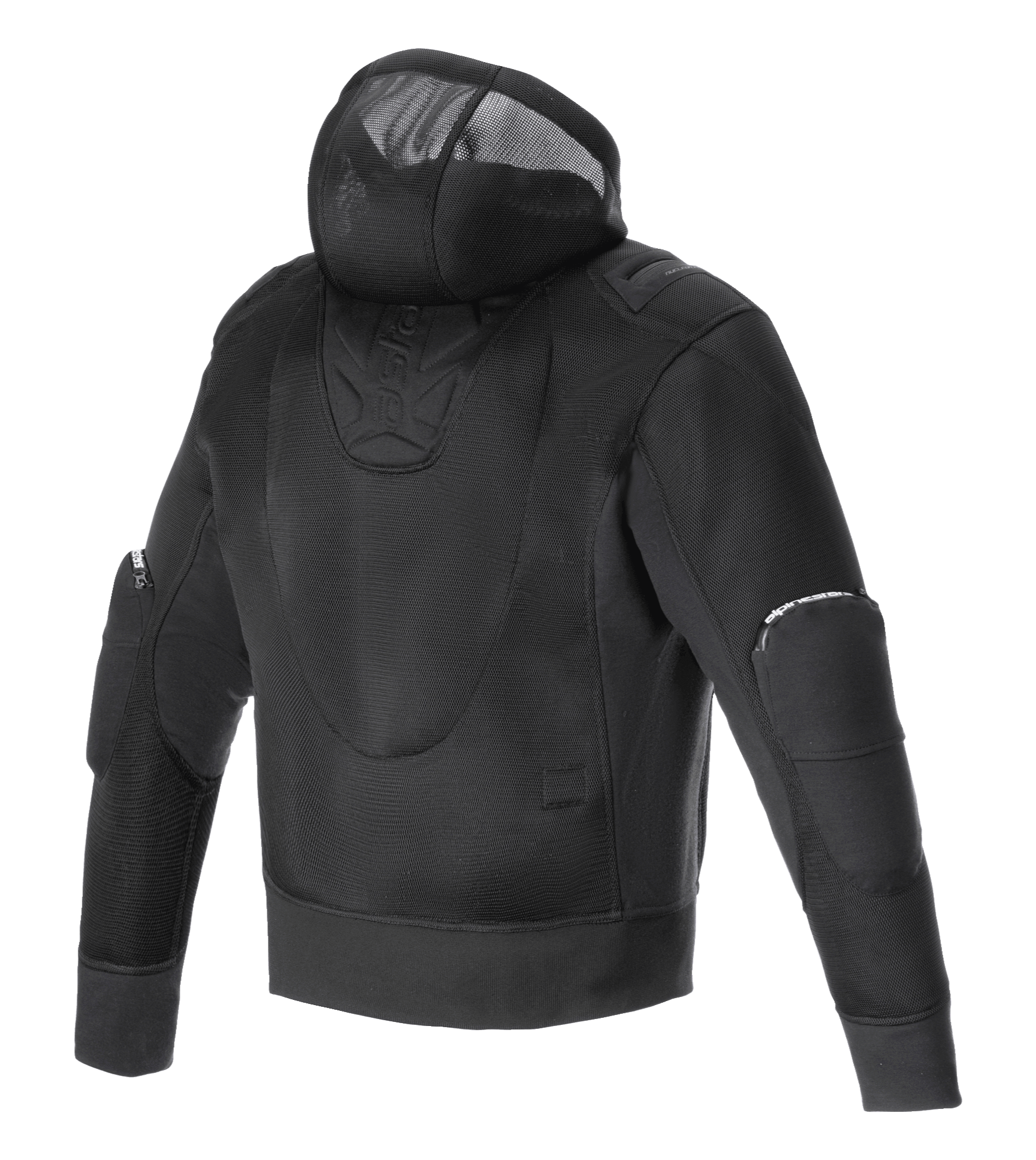 Alpinestars Moflow Air Tech Hoodie, veste de moto pour homme, noir, vue arrière avec construction intégrale en maille haute densité, capuche en maille intégrée et panneaux de coude protecteurs, conçu pour une ventilation maximale et un style urbain.