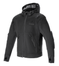 Alpinestars Moflow Air Tech Hoodie, sweat à capuche de performance moto noir avec châssis en maille haute densité, poches latérales zippées, trous pour les pouces aux poignets, protections d'épaules et de coudes intégrées, capuche en maille à cordon de serrage, design urbain sportif pour la conduite par temps chaud