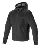 Alpinestars Moflow Air Tech Hoodie, sweat à capuche de performance moto noir avec châssis en maille haute densité, poches latérales zippées, trous pour les pouces aux poignets, protections d'épaules et de coudes intégrées, capuche en maille à cordon de serrage, design urbain sportif pour la conduite par temps chaud