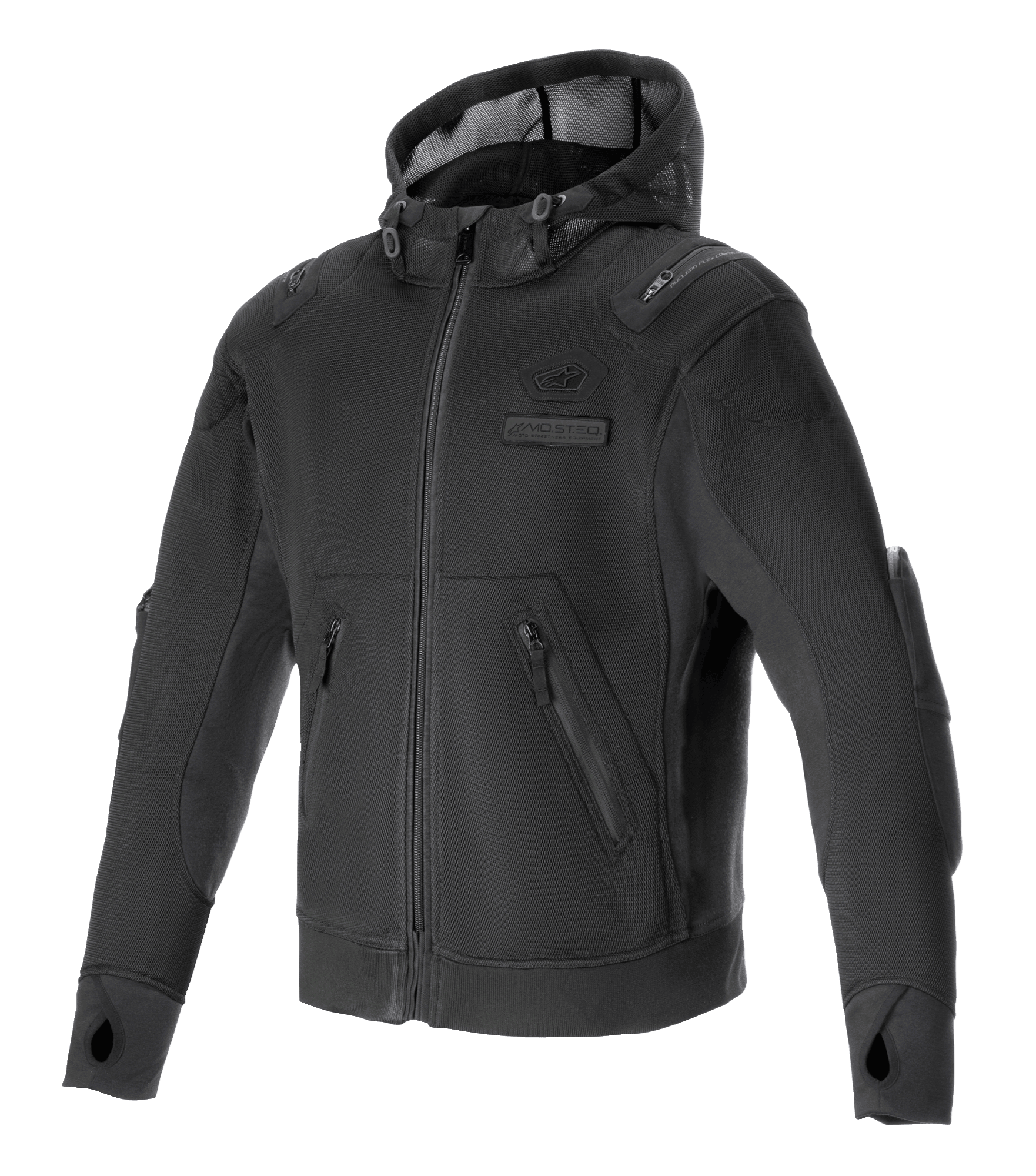 Alpinestars Moflow Air Tech Hoodie, sweat à capuche de performance moto noir avec châssis en maille haute densité, poches latérales zippées, trous pour les pouces aux poignets, protections d'épaules et de coudes intégrées, capuche en maille à cordon de serrage, design urbain sportif pour la conduite par temps chaud
