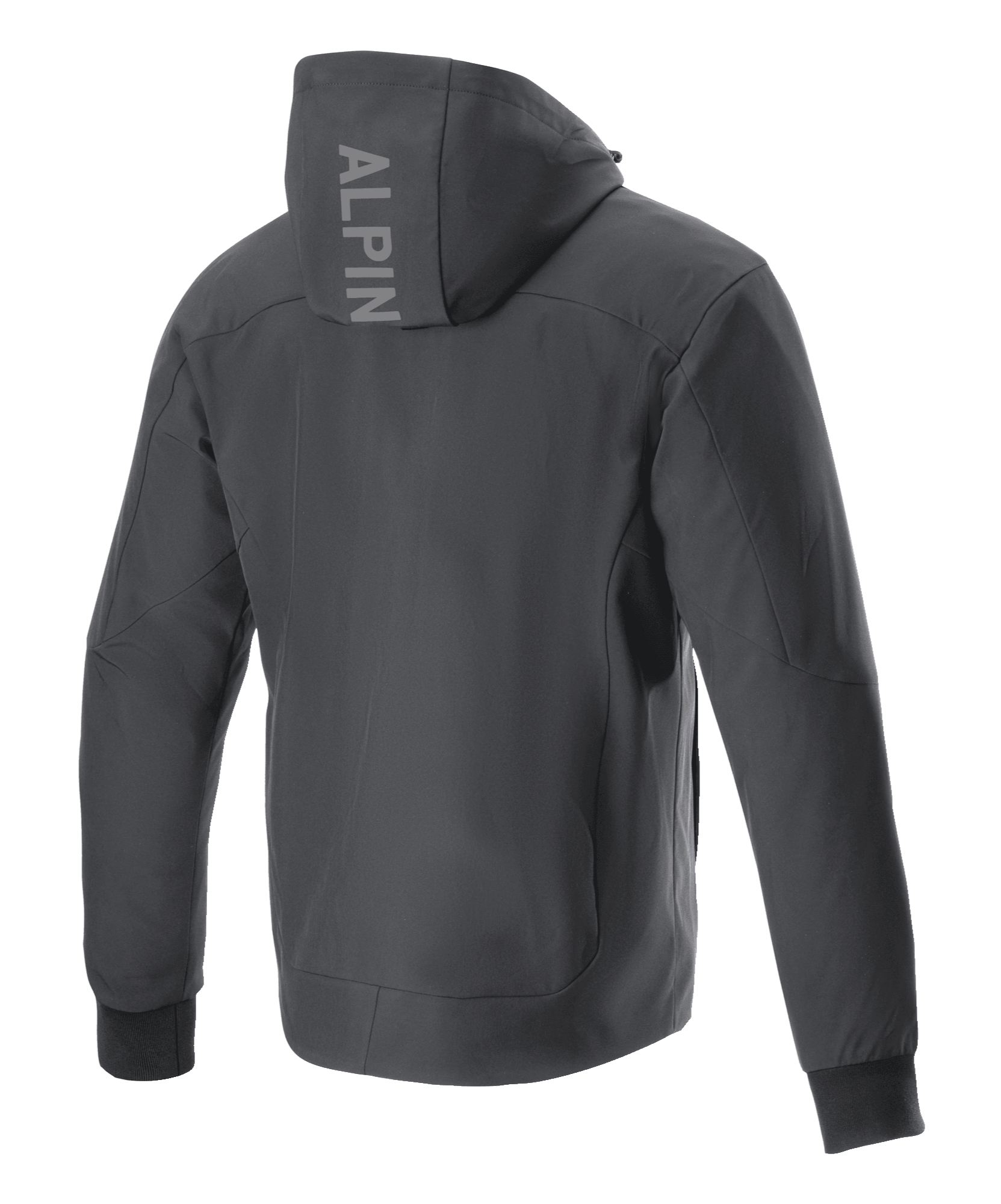 Alpinestars Radium Tech Hoodie, Motorradjacke, Schwarz, Rückansicht mit vertikalem ALPIN-Logo auf der Kapuze, winddichte 3L-Tech-Shell-Konstruktion, gerippte Stretch-Bündchen, urbaner zeitgemäßer Stil