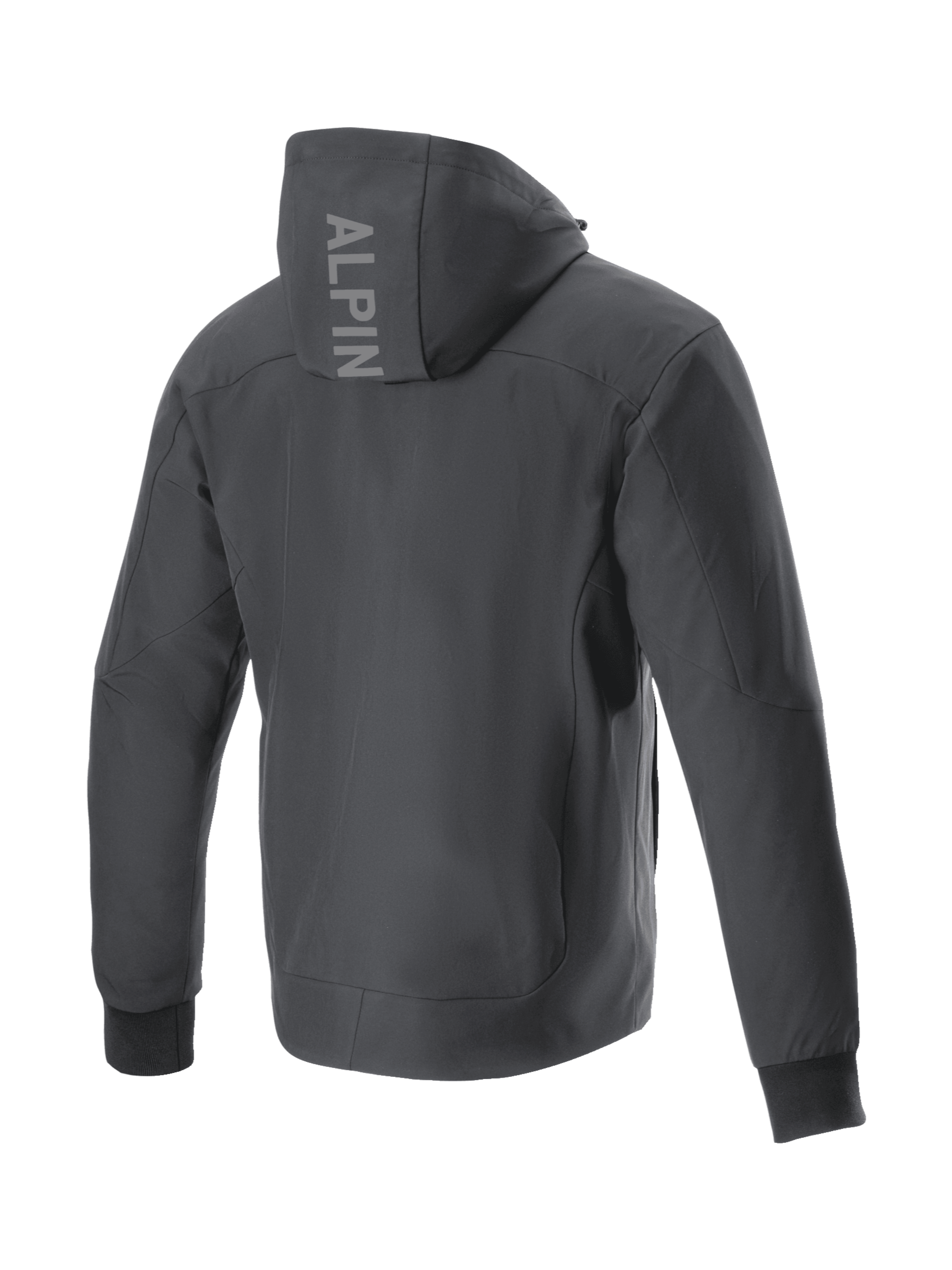 Alpinestars Radium Tech Kapuzenjacke, urbane Motorradjacke für Herren, Rückansicht, Schwarz, winddichte 3L-Tech-Shell mit Branding auf der Kapuze