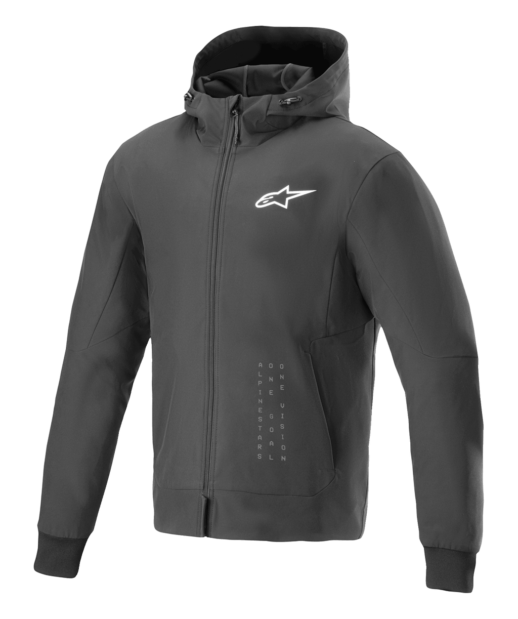 Alpinestars Radium Tech Hoodie, Schwarz-weiße urbane Motorradjacke, weißes Stern-Logo auf der Brust, vertikales Branding, Kapuzendesign mit durchgehendem Reißverschluss, gerippte Bündchen, moderne sportliche Passform