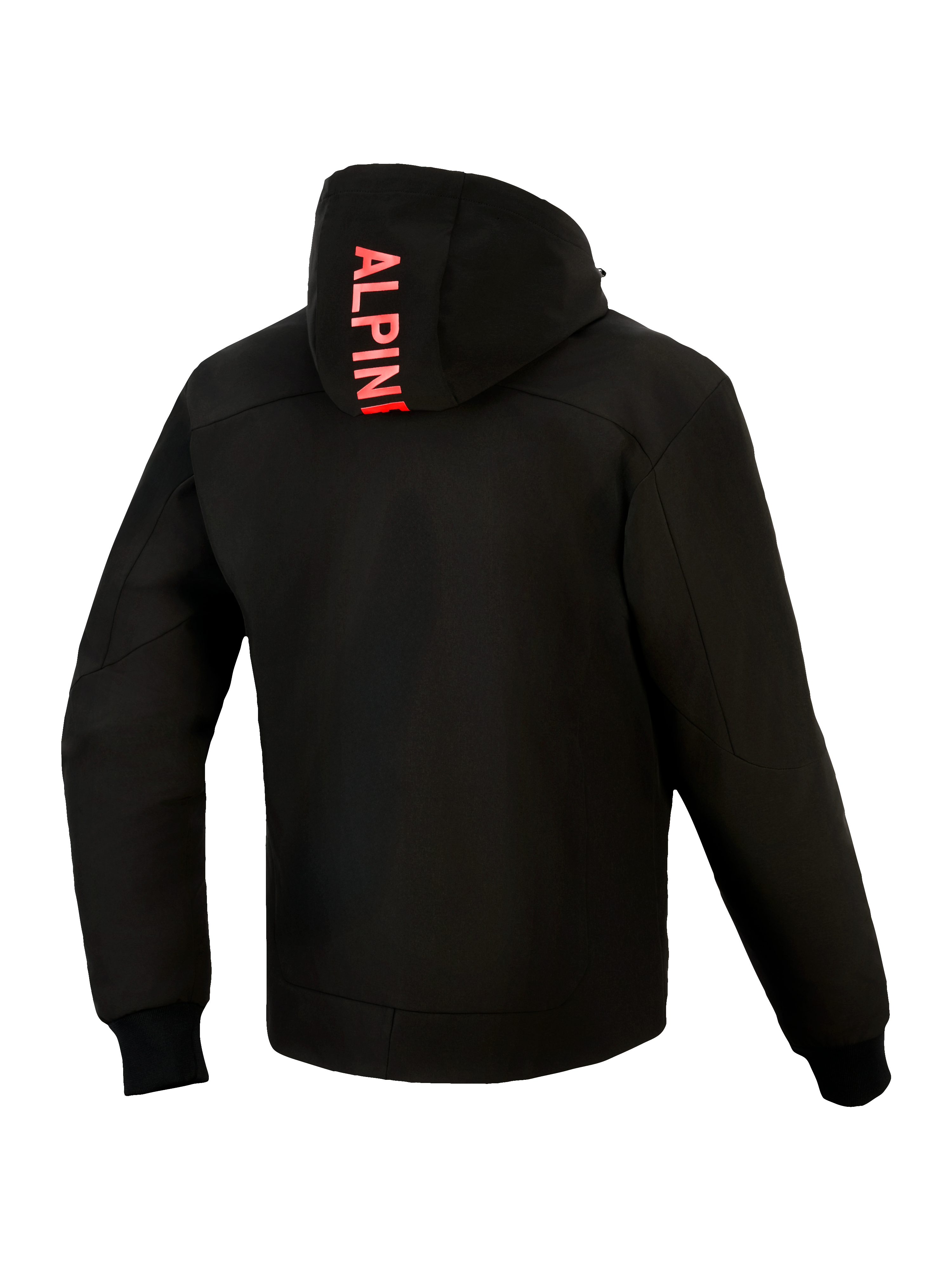 Alpinestars Radium Tech Hoodie, Rückansicht, Schwarz mit Bright Red, vertikales Alpinestars-Branding auf der Kapuze, 3-lagige winddichte Technical-Shell, gerippte Stretch-Manschetten, stromlinienförmige urbane athletische Passform.