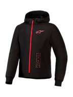 Alpinestars Radium Tech Hoodie, Motorradjacke für urbanes Fahren, Schwarz und Hellrot, durchgehender roter Reißverschluss, rotes Alpinestars-Logo auf der Brust, Kapuze mit Kordelzug, gerippte Bündchen, technisches winddichtes Shell-Material