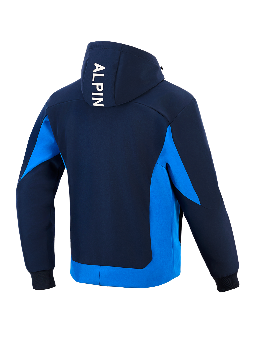 Alpinestars Radium Tech Hoodie, technischer Motorrad-Hoodie, Night Navy und Royal Blue, Rückansicht mit weißem vertikalem „ALPIN“-Schriftzug auf der Kapuze, hellblaue Seiteneinsätze und unterer Saum, gerippte Bündchen, urbanes sportliches Design