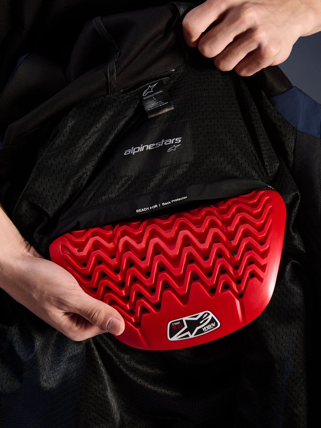 Alpinestars Radium Tech Hoodie Innendetail, roter Nucleon Plasma Rückenprotektor wird in die Tasche eingesetzt, schwarzes Mesh-Futter mit 'READY FOR | Back Protector' Text, wellenförmiges Waben-Design, technische Schutzmerkmale einer urbanen Motorradjacke