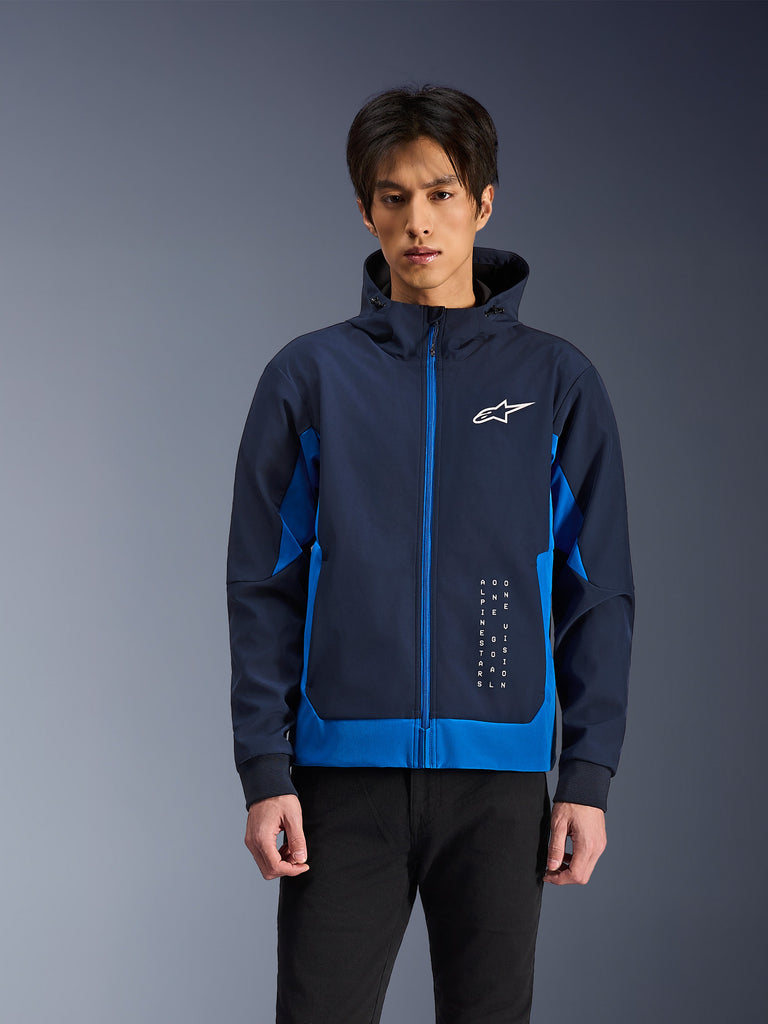 Alpinestars Radium Tech Hoodie, veste technique pour homme, bleu marine et bleu vif, avec capuche, fermeture éclair centrale, logo sur la poitrine, design moderne et élégant