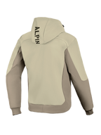 Alpinestars Radium Tech Hoodie, Rückansicht, Mastic Aluminum, Urbane Motorradjacke, zweifarbiges Textildesign in Beige und Grau, vertikales schwarzes Branding auf der Kapuze, gerippte Bündchen und Saum, winddichte Tech-Shell für urbanes Fahren.