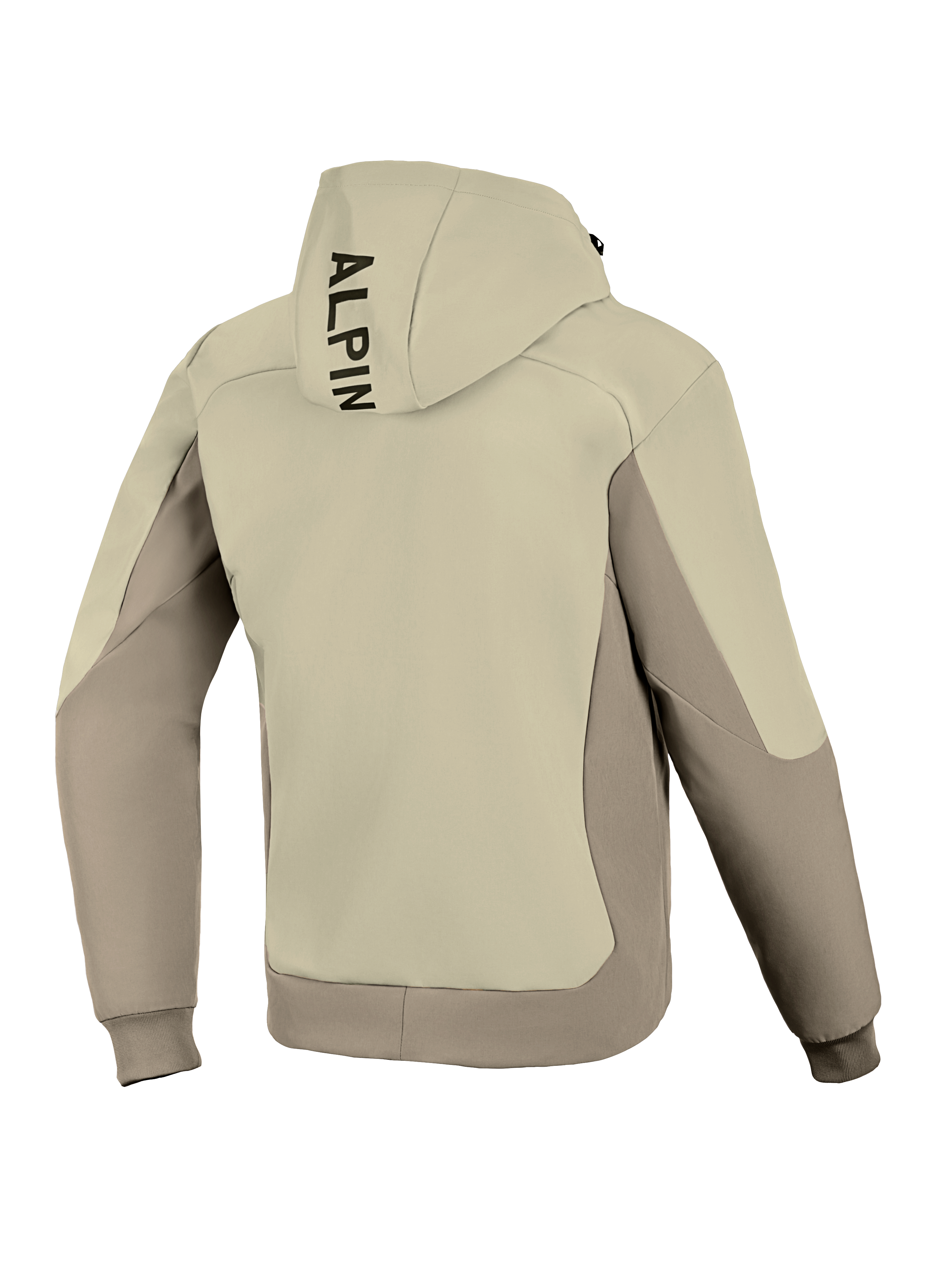 Alpinestars Radium Tech Hoodie, Rückansicht, Mastic Aluminum, Urbane Motorradjacke, zweifarbiges Textildesign in Beige und Grau, vertikales schwarzes Branding auf der Kapuze, gerippte Bündchen und Saum, winddichte Tech-Shell für urbanes Fahren.