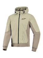 Alpinestars Radium Tech Hoodie, Technische Motorrad-Hoodie-Jacke, Mastic Aluminum, Reißverschluss-Design mit kleinem schwarzen Logo auf der Brust und vertikaler Grafik, winddichtes Außenmaterial mit verstellbarer Kapuze