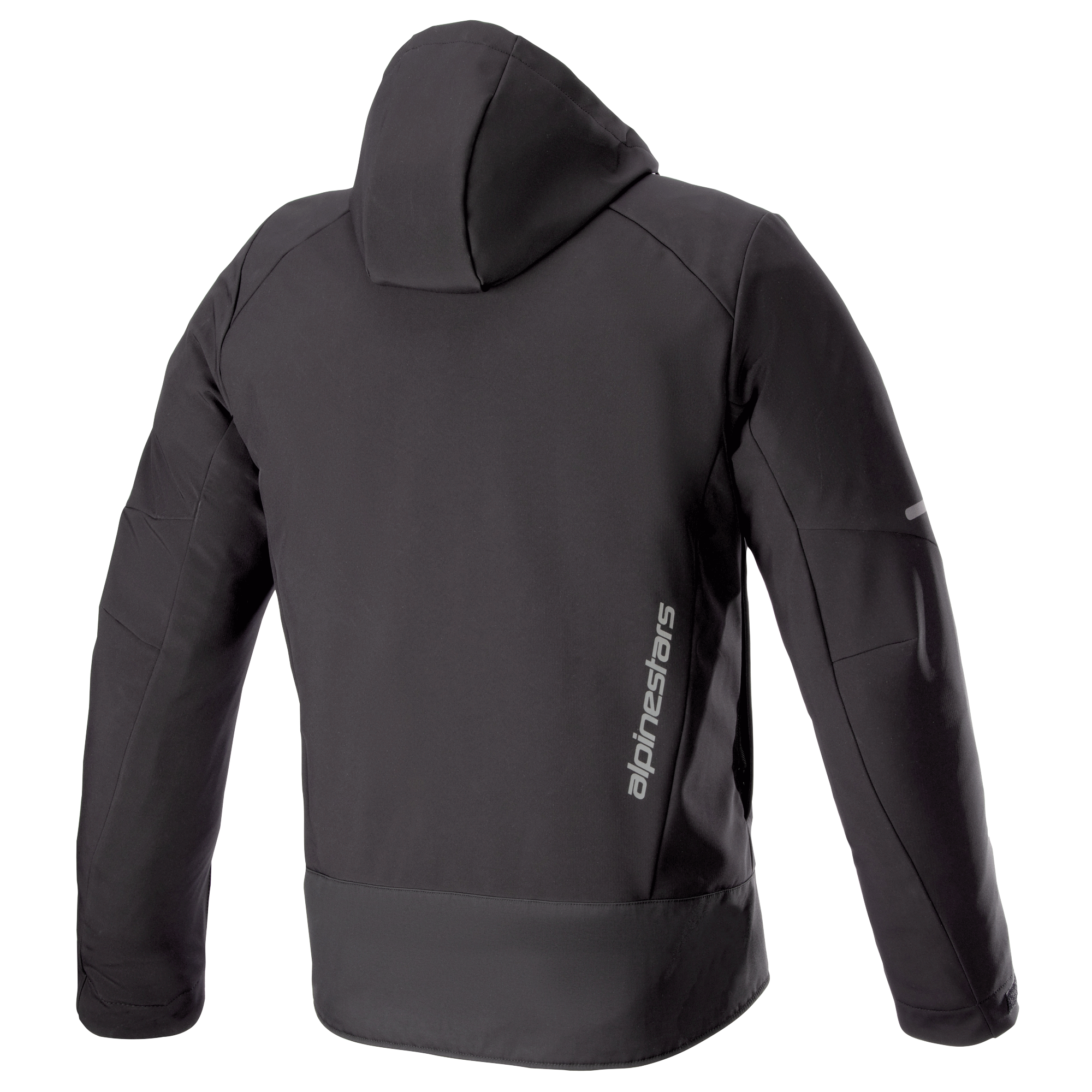 Alpinestars Neo Waterproof Hoodie, technische urbane Motorradjacke, Schwarz, Rückansicht zeigt abnehmbare Kapuze, vertikaler silberner Alpinestars-Schriftzug am unteren Rücken und reflektierende Akzente an den Ärmeln.