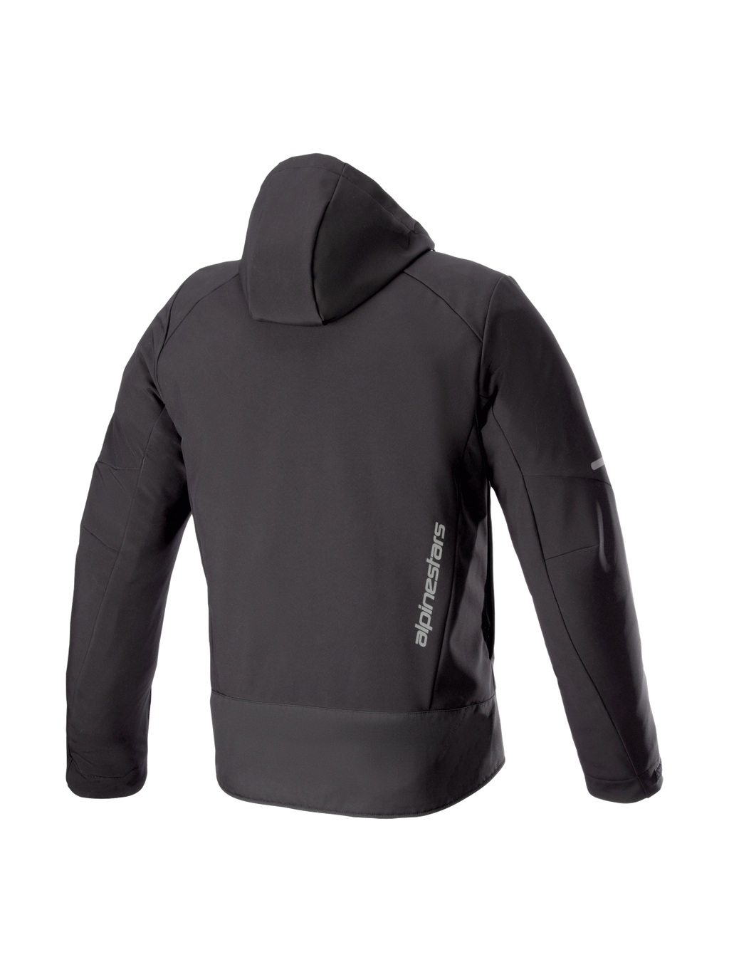 Alpinestars Neo Waterproof Hoodie, black urban motorcycle jacket for men, back view in waterproof softshell with brand logo.