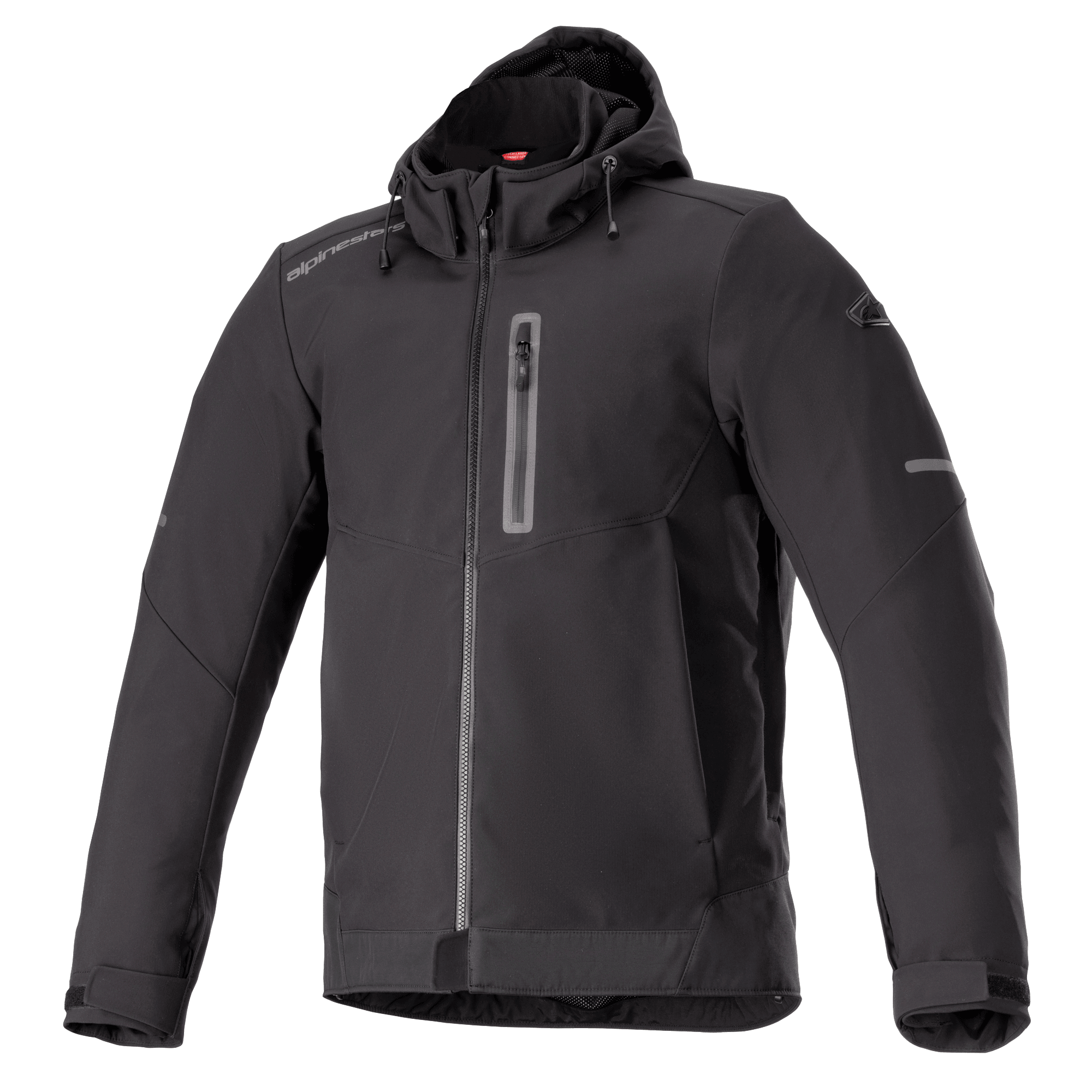 Alpinestars Neo Waterproof Hoodie, Schwarz, urbane Motorradjacke, glattes wasserabweisendes Material, durchgehender Frontreißverschluss, vertikale Brusttasche mit Reißverschluss, angebrachte Kapuze mit Kordelzug, reflektierende Akzente an den Ärmeln, verstellbare Klettverschlussbündchen, technischer Pendler-Stil