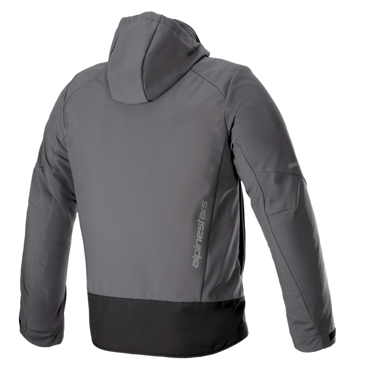 Alpinestars Neo Waterproof Hoodie, technische urbane Motorradjacke, Tar Gray und Schwarz, Rückansicht mit vertikalem Alpinestars-Branding, abnehmbare Kapuze, wasserdichte Softshell-Konstruktion mit schwarzem Saumpaneel.