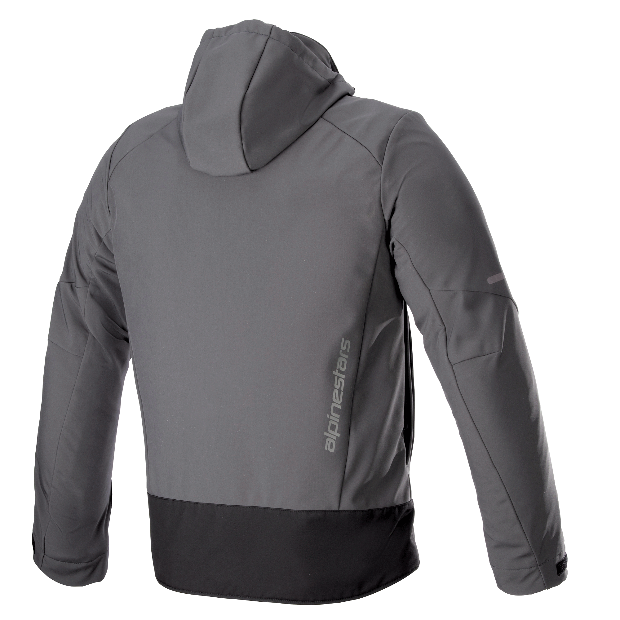 Sweat à capuche imperméable Alpinestars Neo, veste de moto urbaine technique, gris goudron et noir, vue arrière avec marquage Alpinestars vertical, capuche amovible, construction en softshell imperméable avec un empiècement noir à la base.
