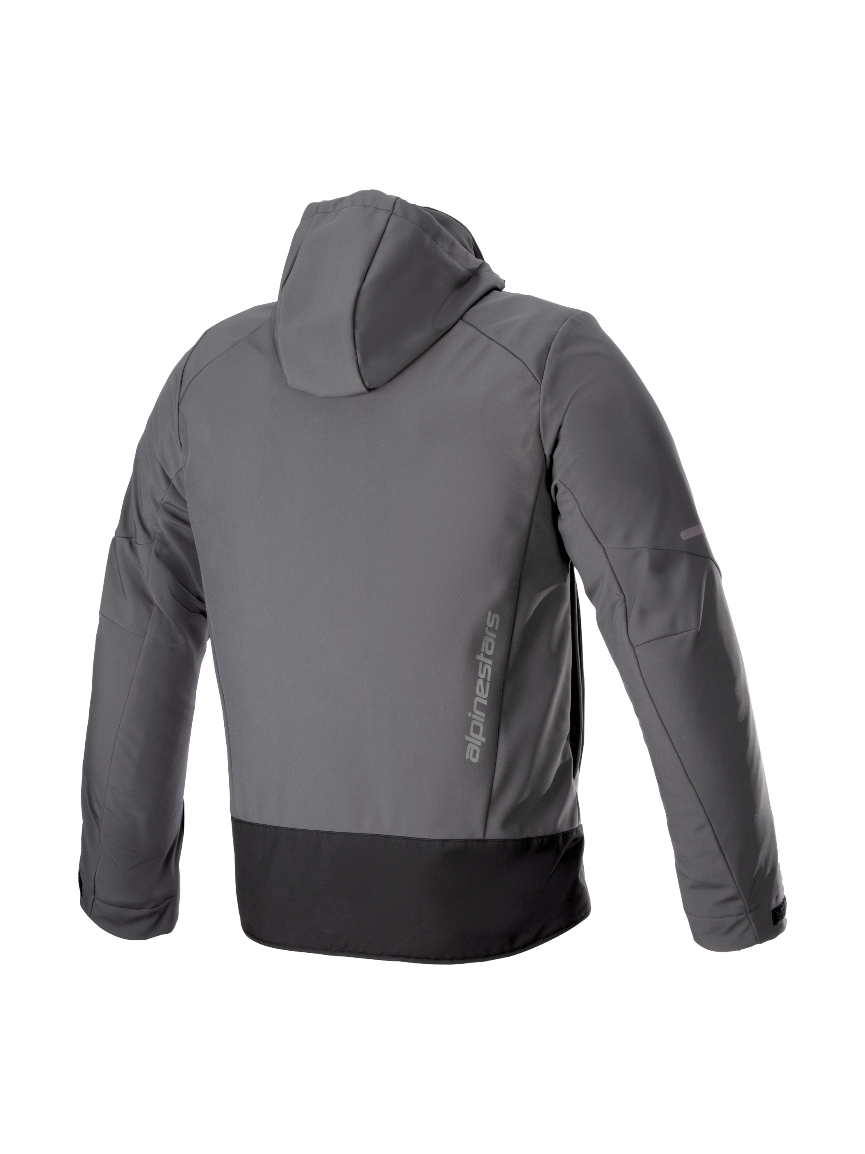 Alpinestars Neo Waterproof Hoodie, veste de moto urbaine grise et noire, softshell avec logo vertical, vue de dos