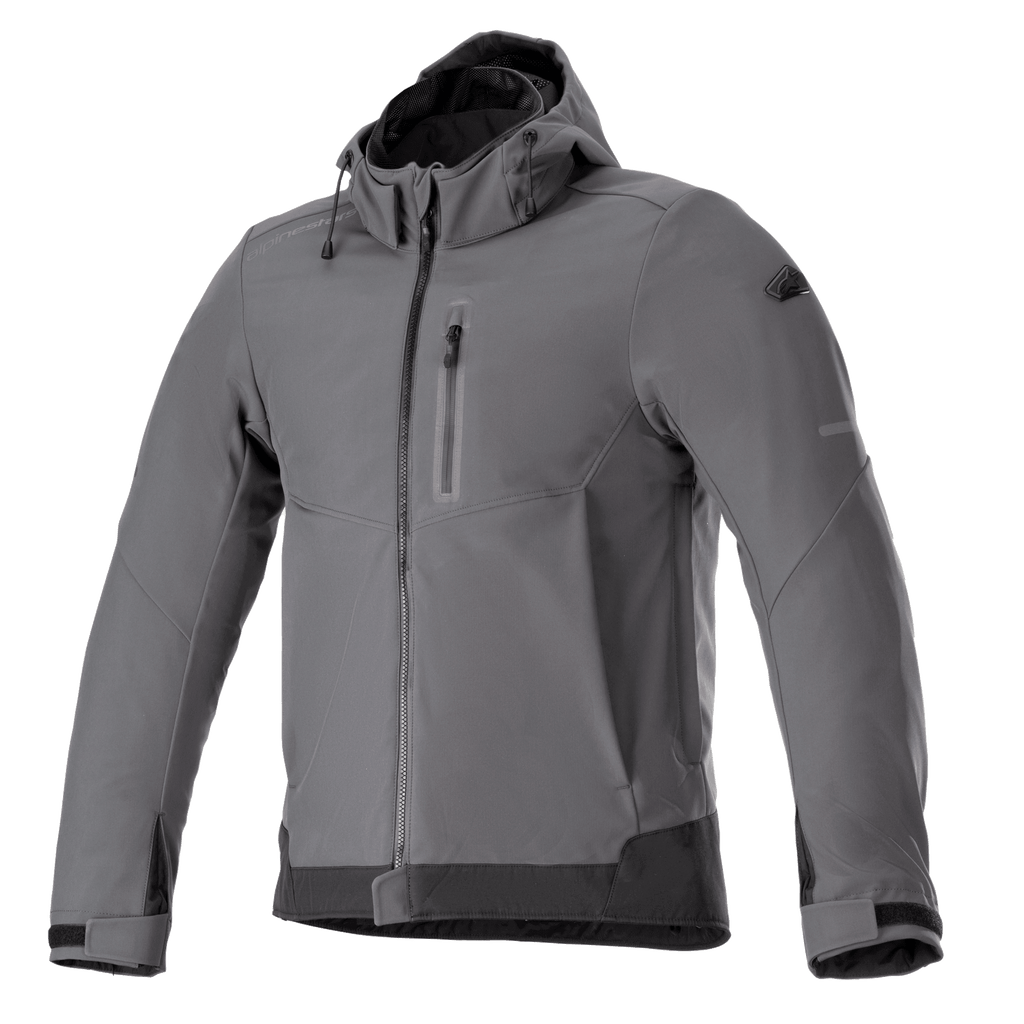 Alpinestars Neo Waterproof Hoodie, veste de moto urbaine, gris goudron et noir, veste à capuche à fermeture éclair frontale avec poche poitrine, poignets Velcro réglables, softshell technique résistant aux intempéries, design moderne et épuré